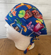 Load image into Gallery viewer, Hawaiian Tropical Tiki Cocktail Drinks on Blue Fabric Unisex Medical Surgical Scrub Caps Men &amp; Women Tie Back and Bouffant Hat Styles
