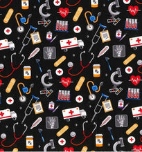 Load image into Gallery viewer, Medical Theme Nurse Supplies X-ray Band aid RX Thermometer Fabric Unisex Medical Surgical Scrub Caps Men &amp; Women Tie Back and Bouffant Hat Styles
