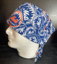 Load image into Gallery viewer, NY METS Baseball Fabric Unisex Medical Surgical Scrub Caps Men &amp; Women Tie Back and Bouffant Hat Styles
