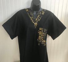 Load image into Gallery viewer, Solid Black Scrub Top with Star Trek U.S.S. Enterprise Fabric on *Neck Band &amp; Pocket Options* Medical Scrub Top Unisex Style Shirt for Men &amp; Women
