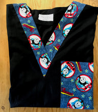 Load image into Gallery viewer, Solid Black Scrub Top with THOMAS THE TRAIN Fabric on *Neck Band &amp; Pocket Options* Medical Scrub Top Unisex Style Shirt for Men &amp; Women
