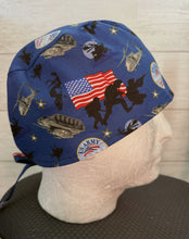 Load image into Gallery viewer, Patriotic Military US Army Blue Helicopter Tanks Navy Fabric Unisex Medical Surgical Scrub Caps Men &amp; Women Tie Back and Bouffant Hat Styles
