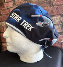 Load image into Gallery viewer, Star Trek USS Enterprise Fabric Unisex Medical Surgical Scrub Caps Men &amp; Women Tie Back and Bouffant Hat Styles
