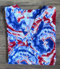 Load image into Gallery viewer, Tie Dye Red White &amp; Blue Swirls Nurse Medical Scrub Top Unisex Style for Men &amp; Women
