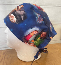 Load image into Gallery viewer, Christmas Nativity THE NEWBORN KING blue Fabric Unisex Medical Surgical Scrub Caps Men &amp; Women Tie Back and Bouffant Hat Styles
