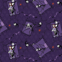 Load image into Gallery viewer, NBC Nightmare Before Christmas Jack &amp; Sally Purple Fabric Unisex Medical Surgical Scrub Caps Men &amp; Women Tie Back and Bouffant Hat Styles
