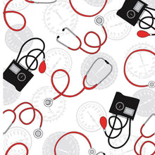 Load image into Gallery viewer, Calling All Nurses Stethoscope Blood Pressure Equipment White Fabric Unisex Medical Surgical Scrub Caps Men &amp; Women Tie Back and Bouffant Hat Styles
