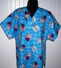 Load image into Gallery viewer, Frozen Medical Scrub Top Sisters Elsa &amp; Anna Olaf Snowflakes Unisex Style for Men &amp; Women
