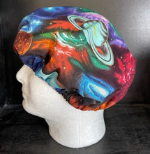 Load image into Gallery viewer, Outer Space Galaxy Solar System Planets &amp; Stars Blue Fabric Unisex Medical Surgical Scrub Caps Men &amp; Women Tie Back and Bouffant Hat Styles
