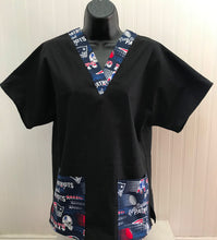 Load image into Gallery viewer, Solid Black Scrub Top with New England Patriots Retro Football Fabric on *Neck Band &amp; Pocket Options* Medical Scrub Top Unisex Style Shirt for Men &amp; Women
