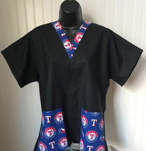 Load image into Gallery viewer, Solid Black Scrub Top with Texas Rangers Baseball Fabric on *Neck Band &amp; Pocket Options* Medical Scrub Top Unisex Style Shirt for Men &amp; Women
