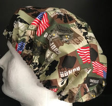 Load image into Gallery viewer, Patriotic Military US Army Strong Courage Fabric Unisex Medical Surgical Scrub Caps Men &amp; Women Tie Back and Bouffant Hat Styles
