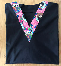 Load image into Gallery viewer, Solid Black Scrub Top with Beatles Music Fabric on *Neck Band &amp; Pocket Options* Medical Scrub Top Unisex Style Shirt for Men &amp; Women
