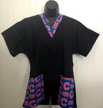 Load image into Gallery viewer, Solid Black Scrub Top with Chicago Cubs Baseball Fabric on *Neck Band &amp; Pocket Options* Medical Scrub Top Unisex Style Shirt for Men &amp; Women
