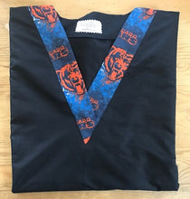 Load image into Gallery viewer, Solid Black Scrub Top with Chicago Bears Football Fabric on *Neck Band &amp; Pocket Options* Medical Scrub Top Unisex Style Shirt for Men &amp; Women
