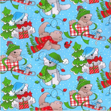 Load image into Gallery viewer, Merry Christmas Cute Playful Kitty Cat Presents Blue Fabric Unisex Medical Surgical Scrub Caps Men &amp; Women Tie Back and Bouffant Hat Styles
