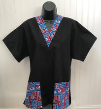 Load image into Gallery viewer, Solid Black Scrub Top with COLORADO AVALANCHE Hockey Fabric on *Neck Band &amp; Pocket Options* Medical Scrub Top Unisex Style Shirt for Men &amp; Women
