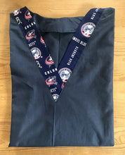 Load image into Gallery viewer, Solid Navy Scrub Top with Columbus Blue Jackets Hockey Fabric on *Neck Band &amp; Pocket Options* Medical Scrub Top Unisex Style Shirt for Men &amp; Women
