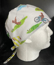 Load image into Gallery viewer, Curious George Monkey Flying a Kite, Riding a Bike White Fabric Unisex Medical Surgical Scrub Caps Men &amp; Women Tie Back and Bouffant Hat Styles
