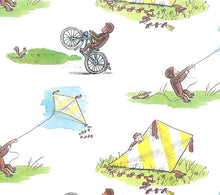 Load image into Gallery viewer, Curious George Monkey Flying a Kite, Riding a Bike White Fabric Unisex Medical Surgical Scrub Caps Men &amp; Women Tie Back and Bouffant Hat Styles
