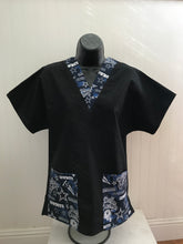Load image into Gallery viewer, Solid Black Scrub Top with Cowboys Football Fabric on *Neck Band &amp; Pocket Options* Medical Scrub Top Unisex Style Shirt for Men &amp; Women
