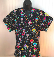 Load image into Gallery viewer, Day of the Dead Medical Scrub Top Folkloric Sugar Candy Skull Dancing Unisex Style for Men &amp; Women
