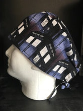 Load image into Gallery viewer, BBC Doctor Who Show POLICE PACKED TARDIS DR WHO Fabric Unisex Medical Surgical Scrub Caps Men &amp; Women Tie Back and Bouffant Hat Styles
