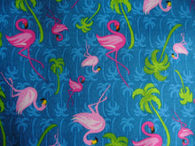 Load image into Gallery viewer, Pink Flamingo &amp; Palm Trees Blue Fabric Medical Surgical Scrub Caps Men &amp; Women Tie Back and Bouffant Hat Styles
