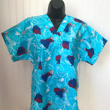 Load image into Gallery viewer, Frozen  Medical Scrub Top Sisters Elsa &amp; Anna Olaf Ice Skating Shimmer of Glitter Unisex Style for Men &amp; Women
