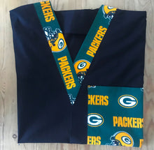 Load image into Gallery viewer, Solid Black Scrub Top with Green Bay Packers Football Fabric on *Neck Band &amp; Pocket Options* Medical Scrub Top Unisex Style Shirt for Men &amp; Women
