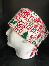 Load image into Gallery viewer, Merry Christmas Greetings Red Green White Fabric Unisex Medical Surgical Scrub Caps Men &amp; Women Tie Back and Bouffant Hat Styles
