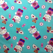 Load image into Gallery viewer, White Kitty Medical Themed Aqua Fabric Unisex Medical Surgical Scrub Caps Men &amp; Women Tie Back and Bouffant Hat Styles
