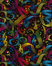 Load image into Gallery viewer, Rainbow Musical Notes on Black Fabric Unisex Medical Surgical Scrub Caps Men &amp; Women Tie Back and Bouffant Hat Styles
