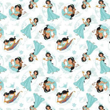 Load image into Gallery viewer, Aladdin Medical Scrub Top Princess Jasmine Flying Carpet Over White Fabric Unisex Style for Men &amp; Women
