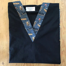 Load image into Gallery viewer, Solid Black Scrub Top with Vegas Golden Knights Hockey Fabric on *Neck Band &amp; Pocket Options* Medical Scrub Top Unisex Style Shirt for Men &amp; Women
