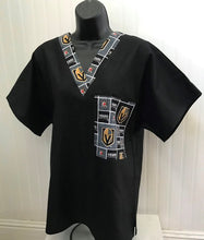 Load image into Gallery viewer, Solid Black Scrub Top with Vegas Golden Knights Hockey Fabric on *Neck Band &amp; Pocket Options* Medical Scrub Top Unisex Style Shirt for Men &amp; Women

