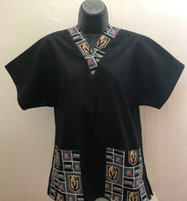 Load image into Gallery viewer, Solid Black Scrub Top with Vegas Golden Knights Hockey Fabric on *Neck Band &amp; Pocket Options* Medical Scrub Top Unisex Style Shirt for Men &amp; Women
