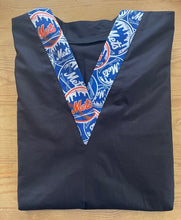 Load image into Gallery viewer, Solid Black Scrub Top with New York Mets Baseball Fabric on *Neck Band &amp; Pocket Options* Medical Scrub Top Unisex Style Shirt for Men &amp; Women
