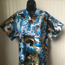 Load image into Gallery viewer, Nature Medical Scrub Top Mysterious Mountains in Nature, Can you find all the Animals? Unisex Style for Men &amp; Women
