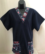 Load image into Gallery viewer, Solid NAVY BLUE Scrub Top with New England Patriots Football Fabric on *Neck Band &amp; Pocket Options* Relaxed Style Unisex Mens Scrub Top Womens Scrub Top
