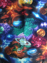 Load image into Gallery viewer, Outer Space Galaxy Solar System Planets &amp; Stars Blue Fabric Unisex Medical Surgical Scrub Caps Men &amp; Women Tie Back and Bouffant Hat Styles
