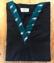 Load image into Gallery viewer, Solid Black Scrub Top with Philadelphia Eagles Retro Football Fabric on *Neck Band &amp; Pocket Options* Medical Scrub Top Unisex Style Shirt for Men &amp; Women
