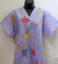 Load image into Gallery viewer, Princess Medical Scrub Top Belle Cinderella Aurora Sleeping Beauty Shimmer of Glitter Purple Fabric Unisex Style for Women
