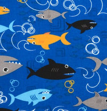 Load image into Gallery viewer, Ocean Sea Animal Sharks &amp; Fish Blue Fabric Unisex Medical Surgical Scrub Caps Men &amp; Women Tie Back and Bouffant Hat Styles
