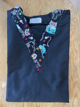 Load image into Gallery viewer, Solid Black Scrub Top with Cat Day of the Dead Skeleton Fabric on *Neck Band &amp; Pocket Options* Medical Scrub Top Unisex Style Shirt for Men &amp; Women
