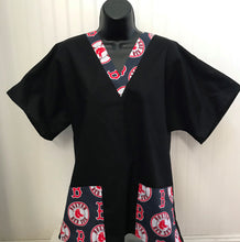 Load image into Gallery viewer, Solid Black Scrub Top with Boston Red Sox Baseball Blue Fabric on *Neck Band &amp; Pocket Options* Medical Scrub Top Unisex Style Shirt for Men &amp; Women
