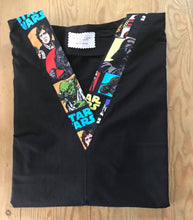 Load image into Gallery viewer, Solid Black Scrub Top with Star Wars Characters Black Fabric on *Neck Band &amp; Pocket Options* Medical Scrub Top Unisex Style Shirt for Men &amp; Women
