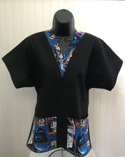 Load image into Gallery viewer, Solid Black Scrub Top with Star Wars Characters Blue Fabric on *Neck Band &amp; Pocket Options* Medical Scrub Top Unisex Style Shirt for Men &amp; Women
