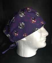 Load image into Gallery viewer, Villains Evil Witch Cruella De Vil Bad Vibes Purple Fabric Unisex Medical Surgical Scrub Caps Men &amp; Women Tie Back and Bouffant Hat Styles
