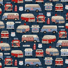 Load image into Gallery viewer, Patriotic All American Route 66 VW Van Road Trip Flag Red White Blue Fabric Unisex Medical Surgical Scrub Caps Men &amp; Women Tie Back and Bouffant Hat Styles

